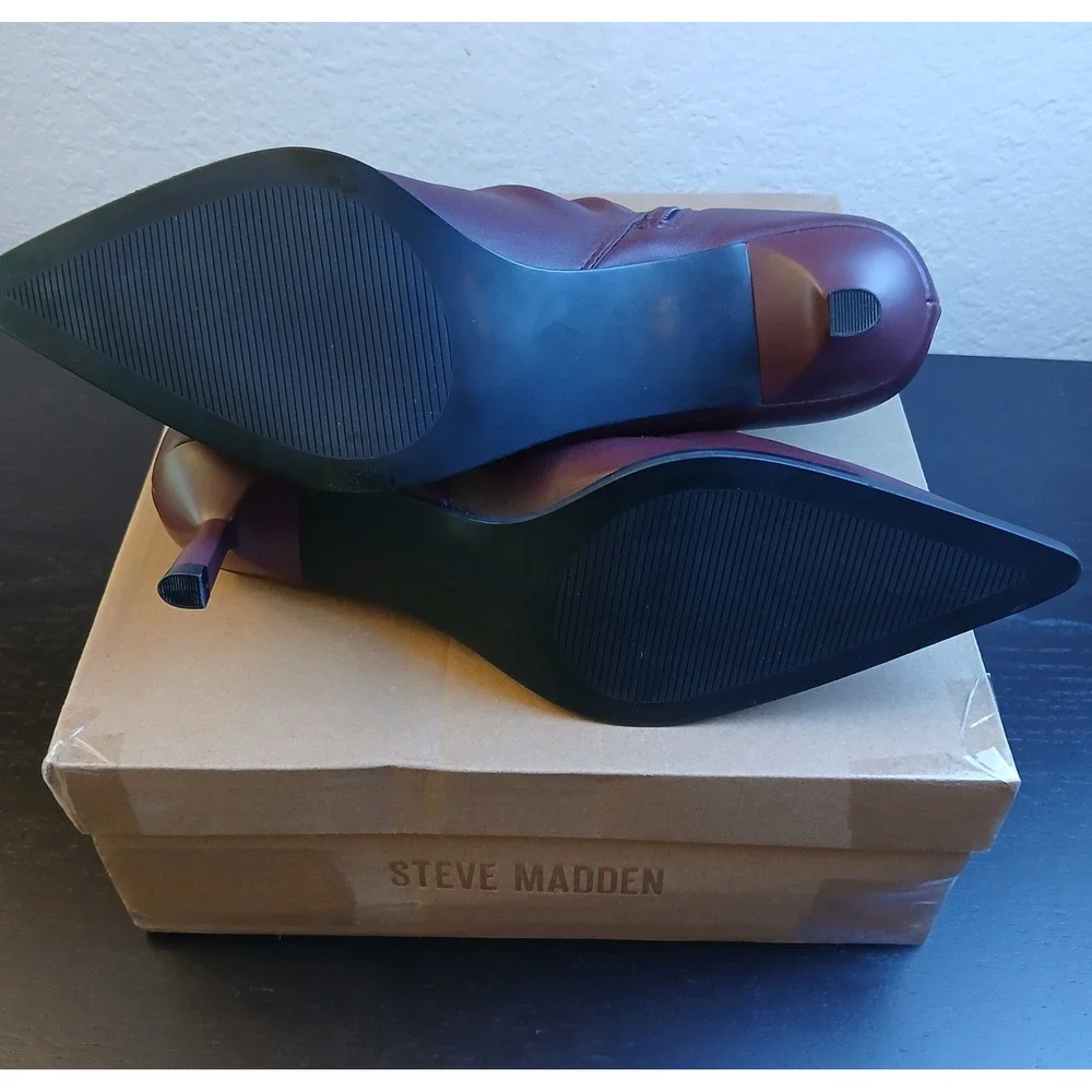 Steve Madden Maxxine Wine Burgundy Ruched Pointed Toe Kitten Heel Booties 8.5